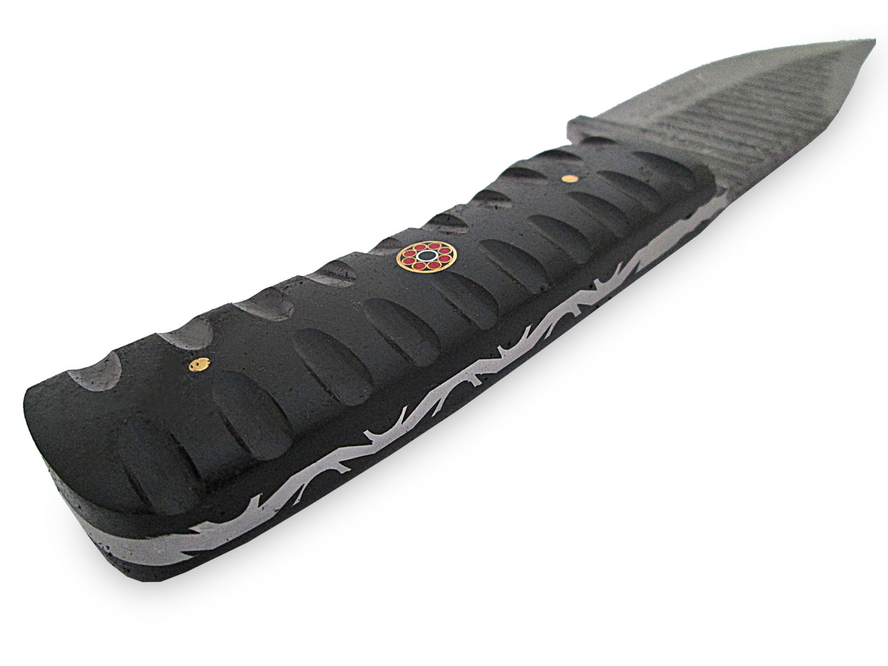 White Deer Custom Grooved Damascus Steel Knife Full Tang Black Micarta Handle