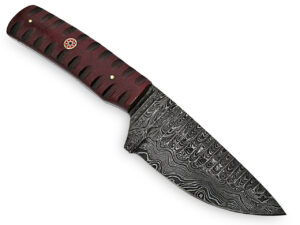 White Deer Custom Grooved Damascus Steel Knife Full Tang Burgundy Micarta Handle
