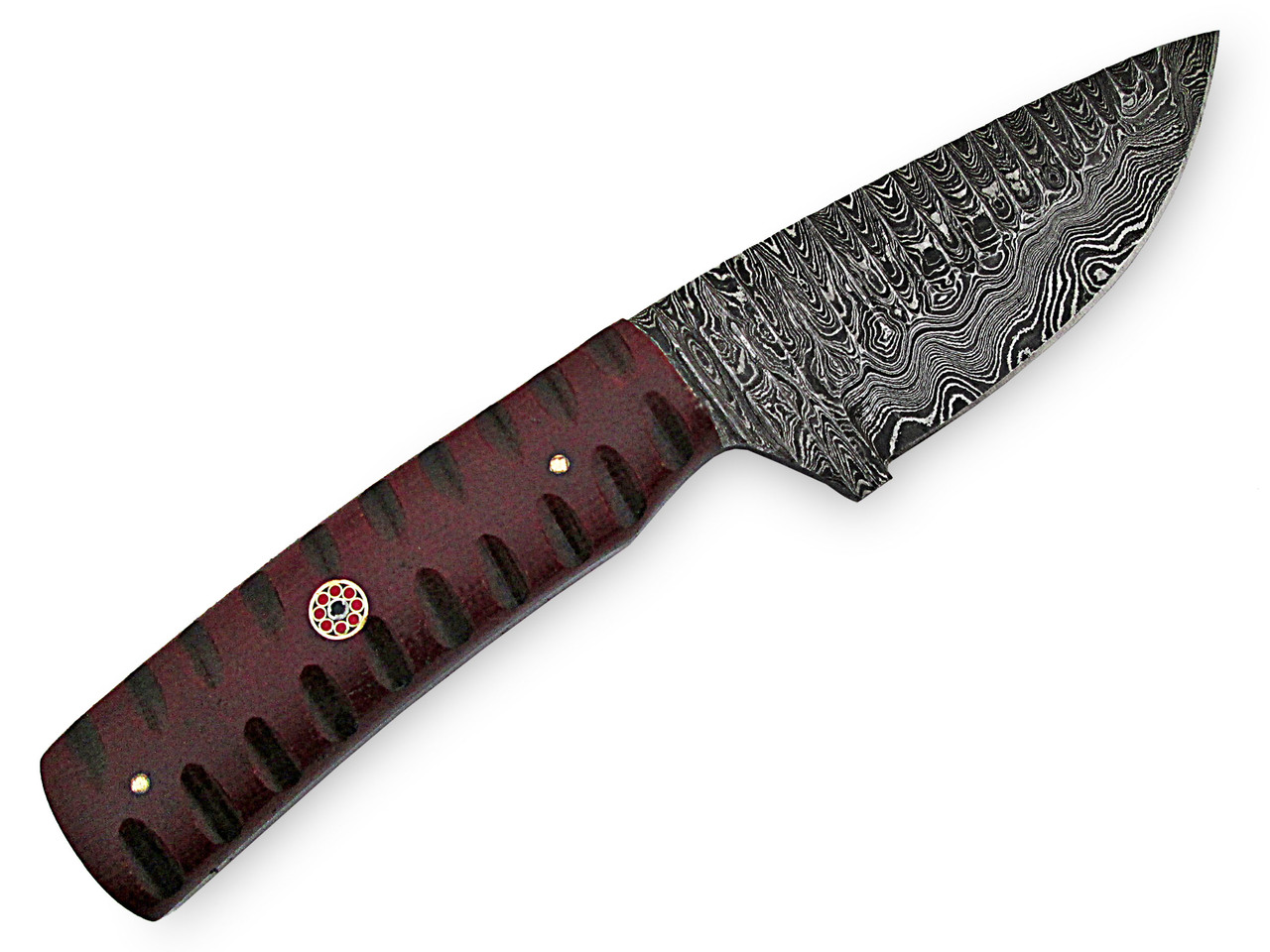 White Deer Custom Grooved Damascus Steel Knife Full Tang Burgundy Micarta Handle