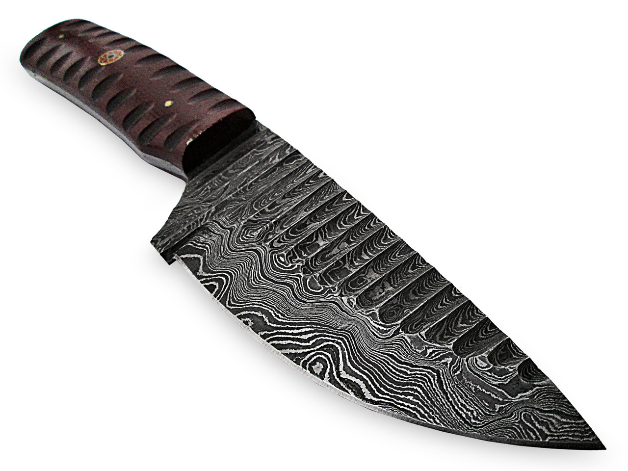 White Deer Custom Grooved Damascus Steel Knife Full Tang Burgundy Micarta Handle