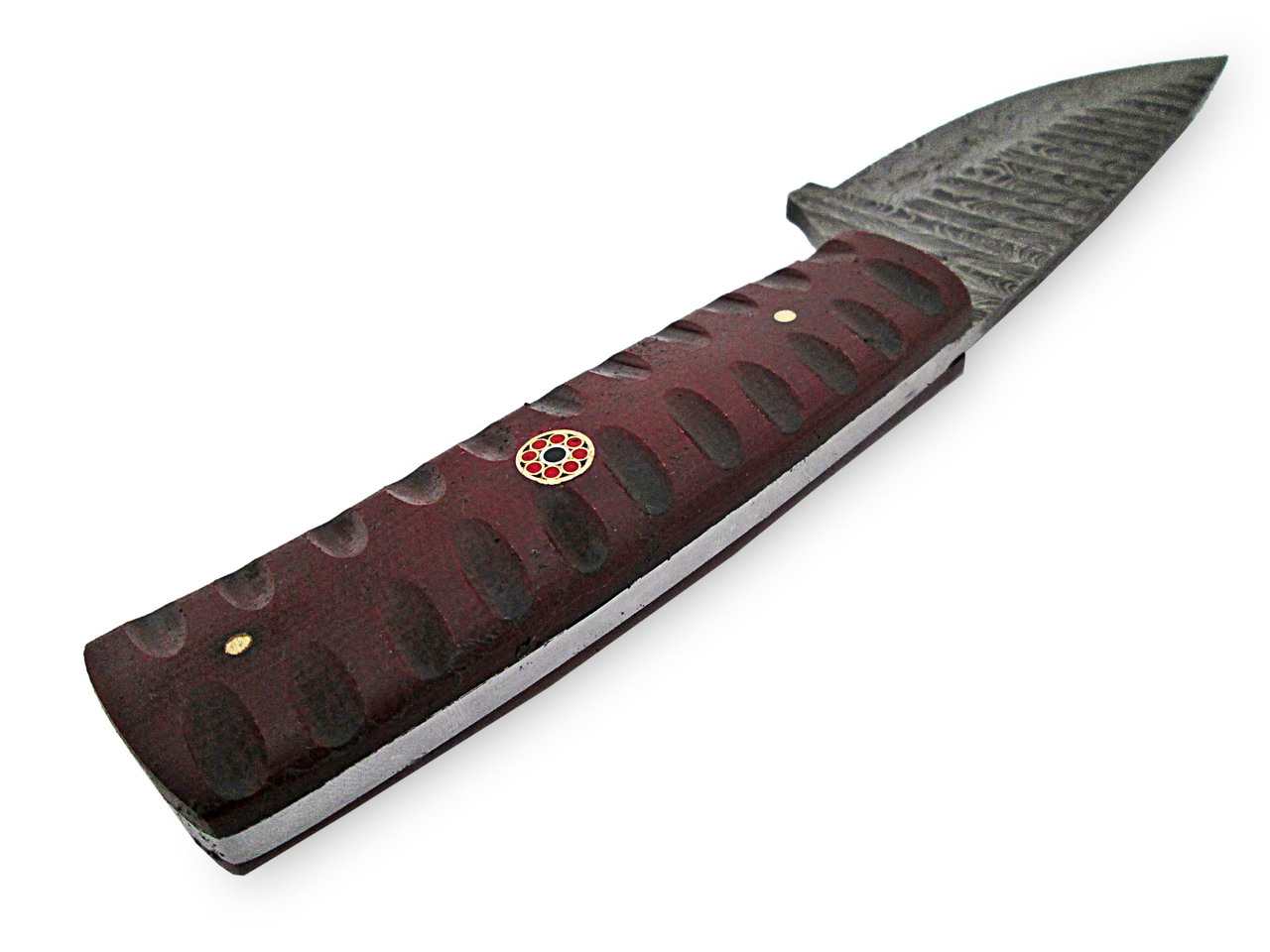 White Deer Custom Grooved Damascus Steel Knife Full Tang Burgundy Micarta Handle