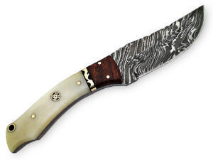 White Deer Executive Strait-Back Damascus Steel Knife Bison Bone & Hardwood Handle