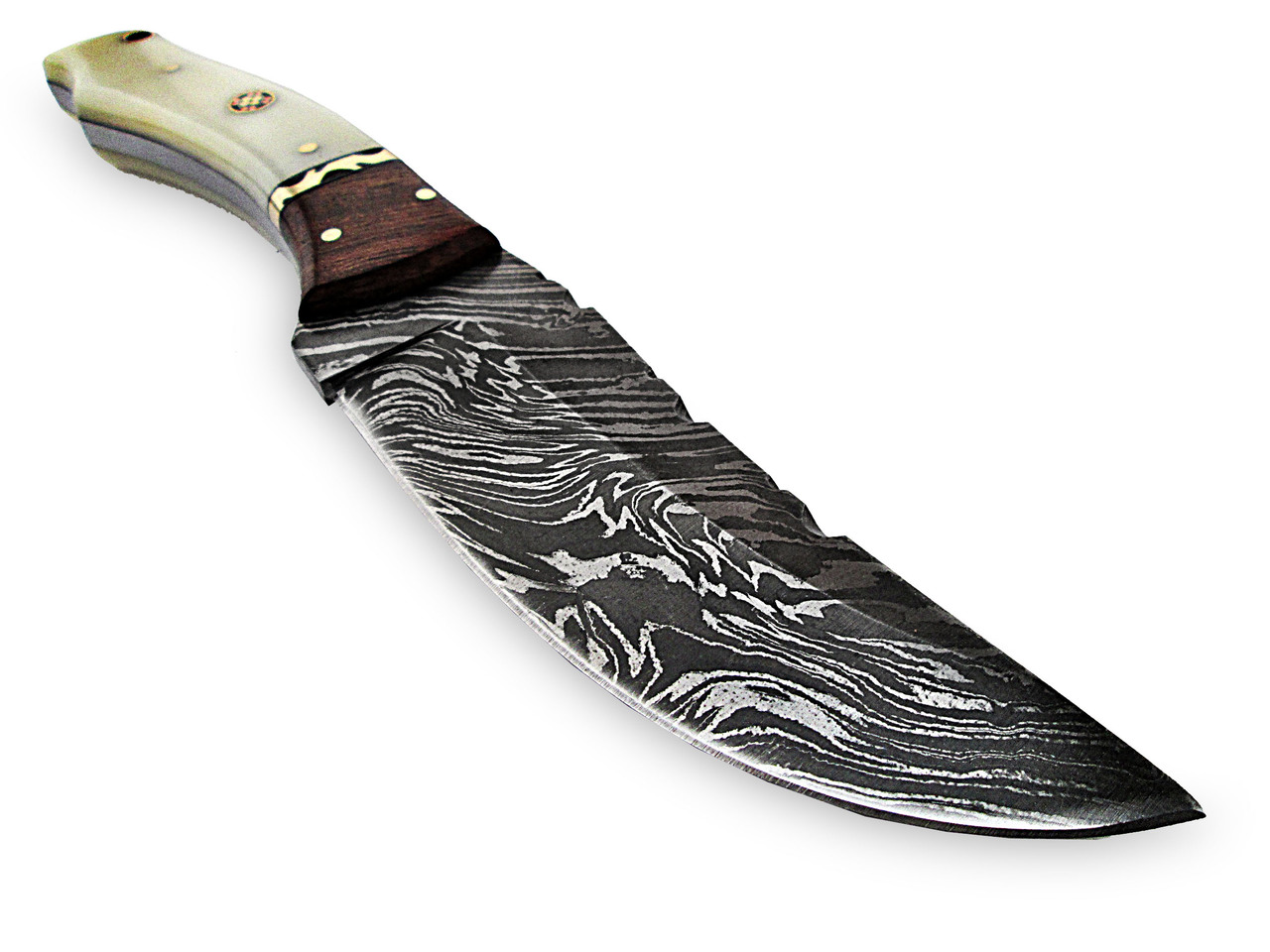 White Deer Executive Strait-Back Damascus Steel Knife Bison Bone & Hardwood Handle