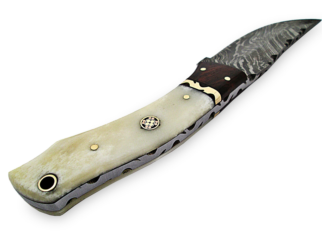 White Deer Executive Strait-Back Damascus Steel Knife Bison Bone & Hardwood Handle