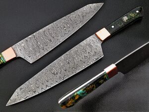 Damascus Steel Santoku Forged Chef Knife Hazel Resin Grips by White Deer
