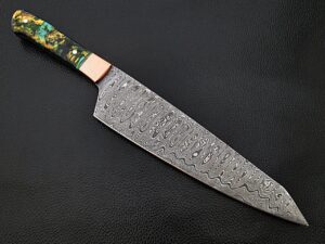 Damascus Steel Santoku Forged Chef Knife Hazel Resin Grips by White Deer