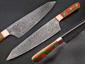 ULTRA SHARP Santoku Forged Chef Knife Damascus Steel Red/Green Resin Grips by White Deer