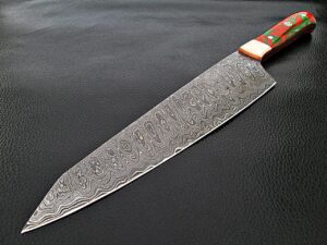 ULTRA SHARP Santoku Forged Chef Knife Damascus Steel Red/Green Resin Grips by White Deer