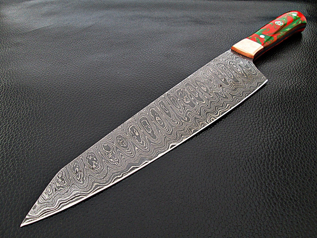 ULTRA SHARP Santoku Forged Chef Knife Damascus Steel Red/Green Resin Grips by White Deer