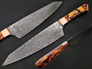 Santoku Damascus Steel Forged Chef Knife Wood Chip Resin by White Deer