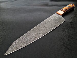 Santoku Damascus Steel Forged Chef Knife Wood Chip Resin by White Deer