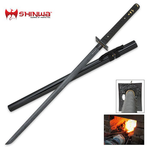 Shinwa Black Knight Black Cord Damascus Ninja Katana Sword