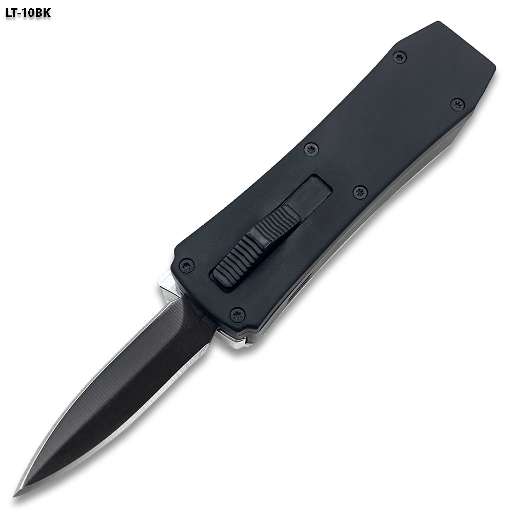 Butane Lighter OTF Knife Spear Point, Double Edged Black Blade