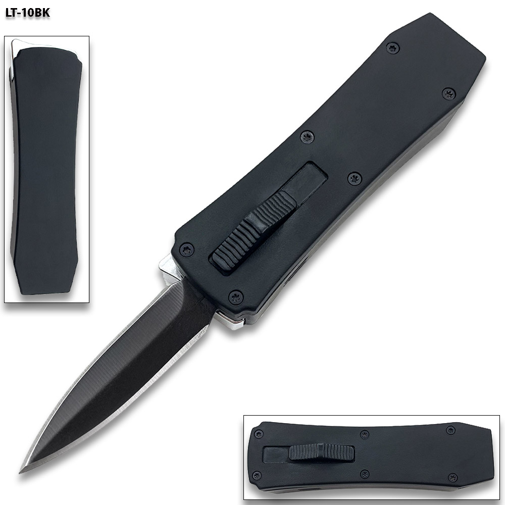 Butane Lighter OTF Knife Spear Point, Double Edged Black Blade
