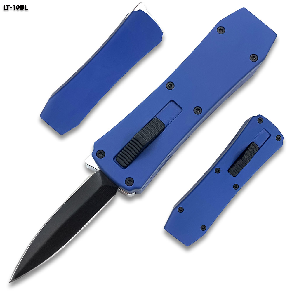 Butane Lighter OTF Knife Spear Point, Double Edged Blue Handle