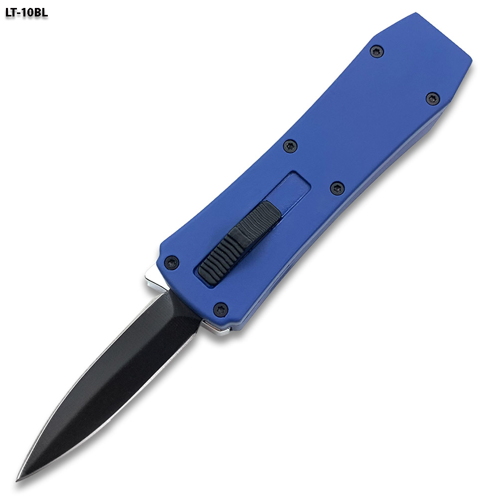 Butane Lighter OTF Knife Spear Point, Double Edged Blue Handle