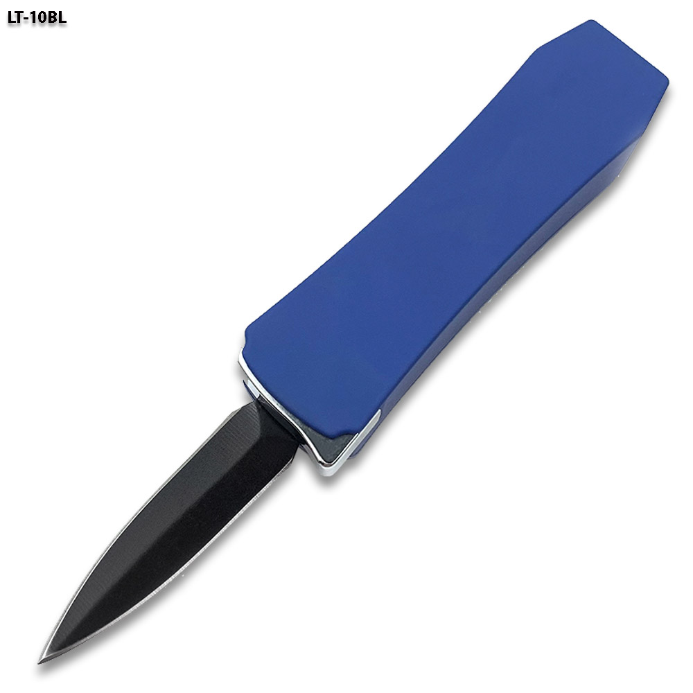 Butane Lighter OTF Knife Spear Point, Double Edged Blue Handle