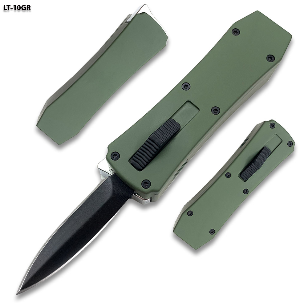Butane Lighter OTF Knife Spear Point, Double Edged OD Green Handle