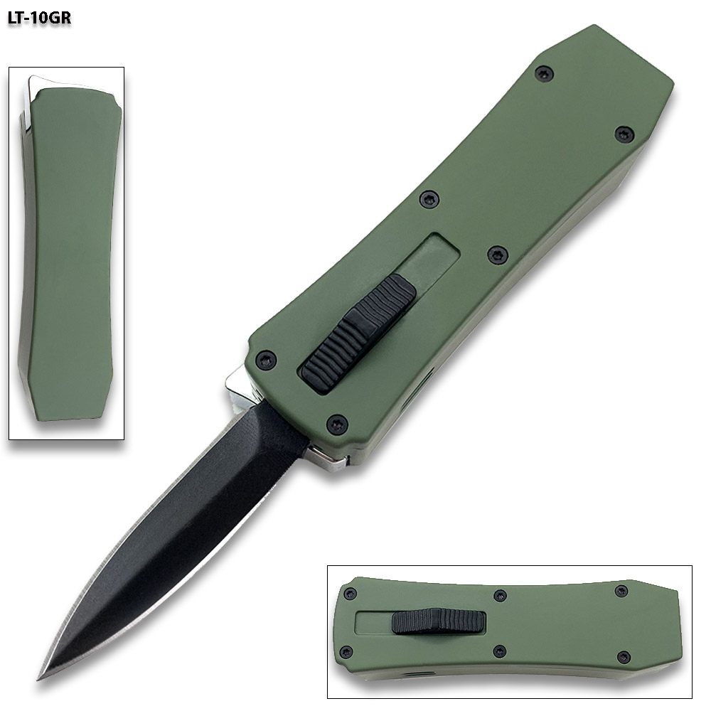 Butane Lighter OTF Knife Spear Point, Double Edged OD Green Handle