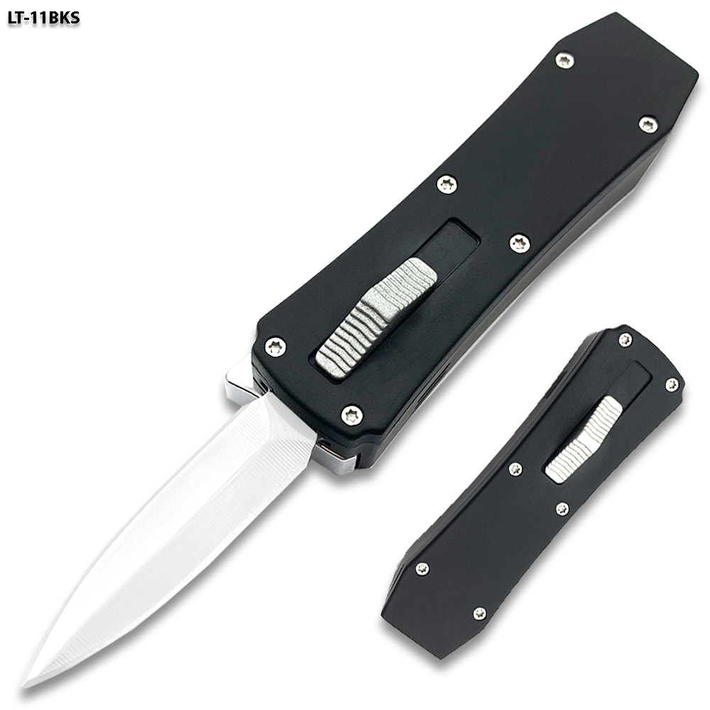 Butane Lighter OTF Knife Spear Point, Double Edged Black Handle