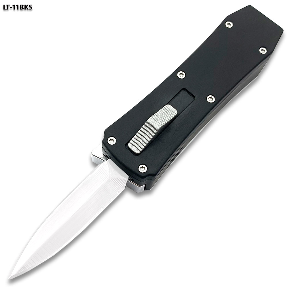Butane Lighter OTF Knife Spear Point, Double Edged Black Handle