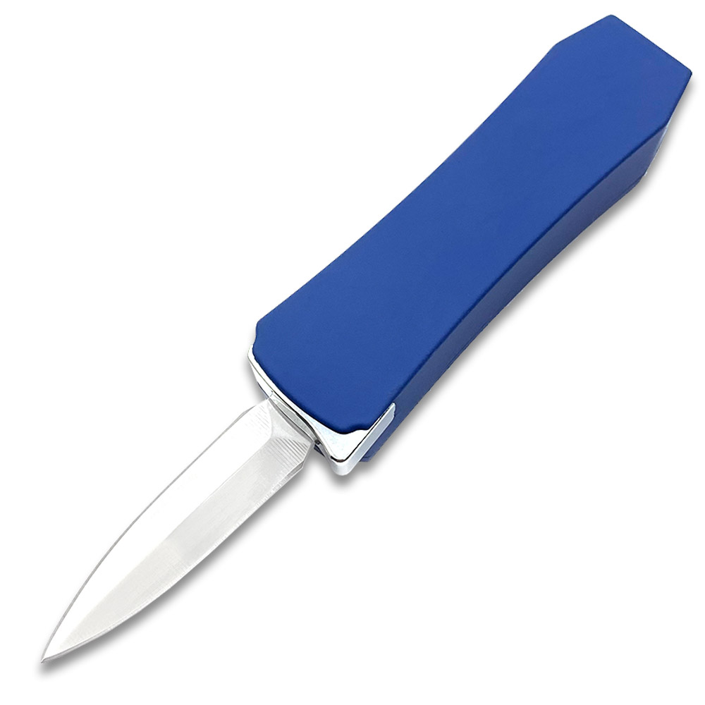 Butane Lighter OTF Knife Double Edged  Blue Handle Silver Blade