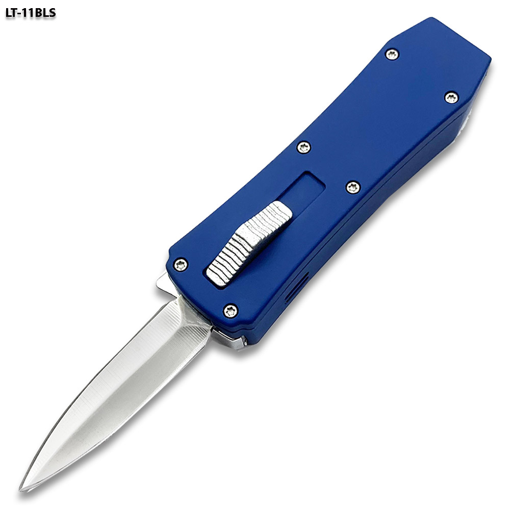Butane Lighter OTF Knife Double Edged  Blue Handle Silver Blade