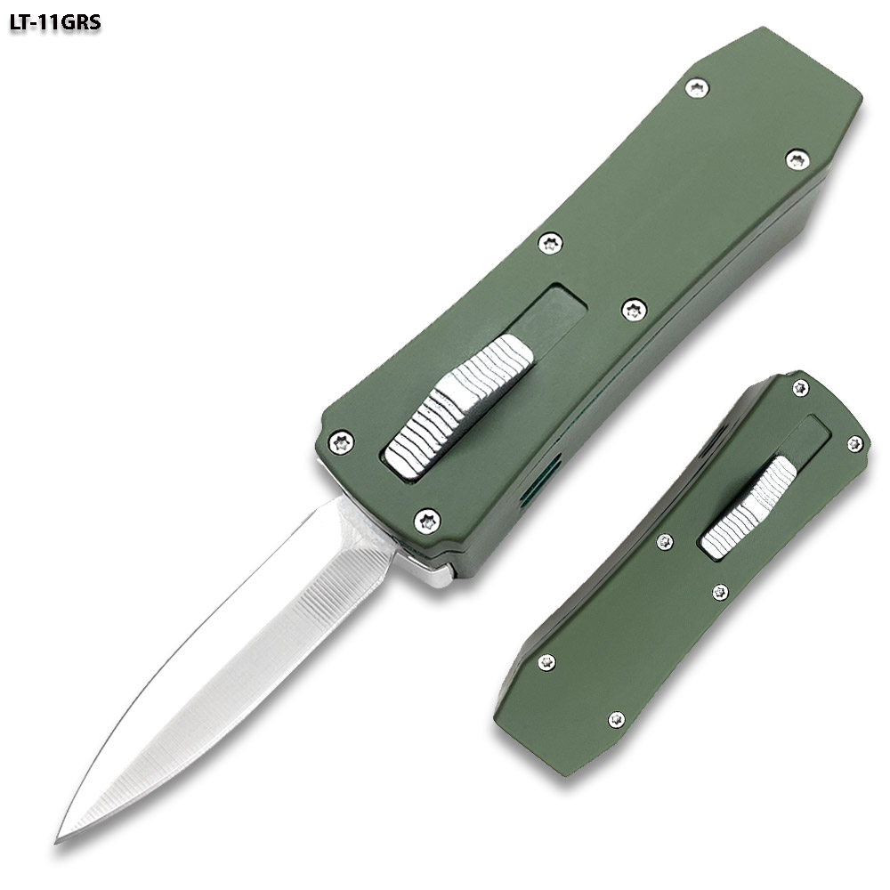 Butane Lighter OTF Knife Double Edged OD Green Handle Silver Blade