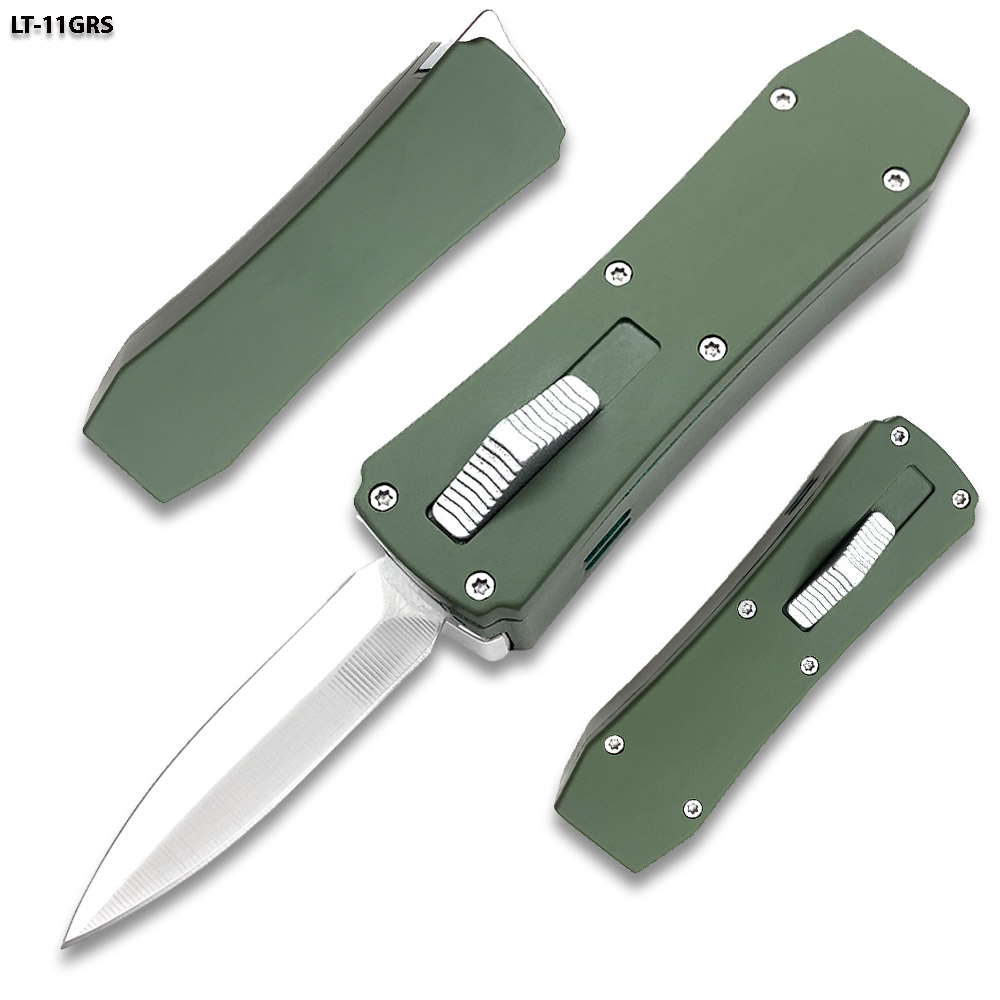 Butane Lighter OTF Knife Double Edged OD Green Handle Silver Blade