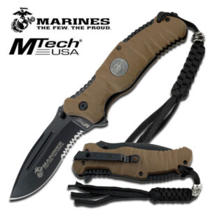 US Marines Spring Assisted Knife with 4MM Black Blade & Desert A