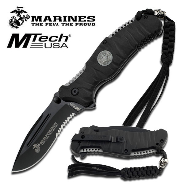 US Marines Spring Assisted Knife with 4MM Black Blade & ABS Rubb