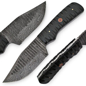 White Deer Custom Grooved Damascus Steel Knife Full Tang Black Micarta Handle