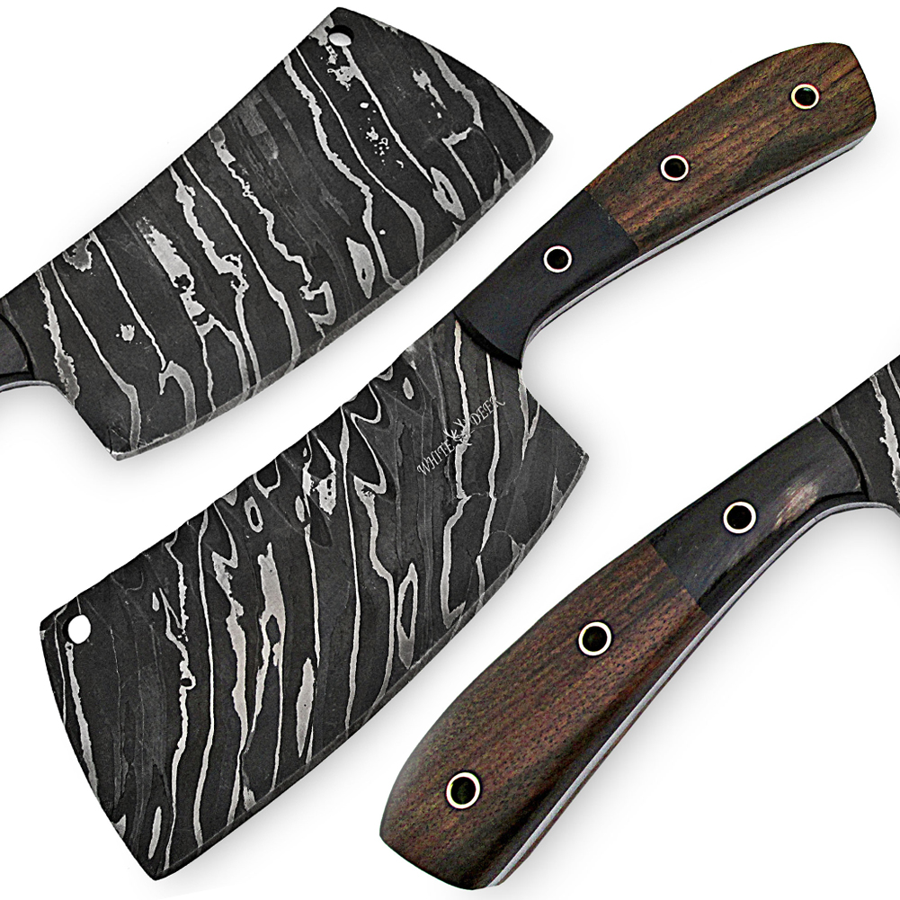 White Deer Grooved Damascus Steel Butchers Cleaver Knife Horn & Hardwood Handle