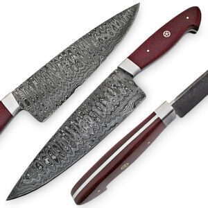 White Deer Damascus Steel Santoku Japanese Chef Knife Red Micarta Handle