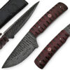 White Deer Custom Grooved Damascus Steel Knife Full Tang Burgundy Micarta Handle