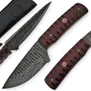 White Deer Custom Grooved Damascus Steel Knife Full Tang Burgundy Micarta Handle