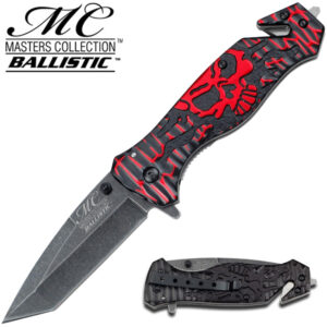 Masters Collection TACTICAL Knife Red/Black Skull Tanto AssistOpen GLASS Breaker