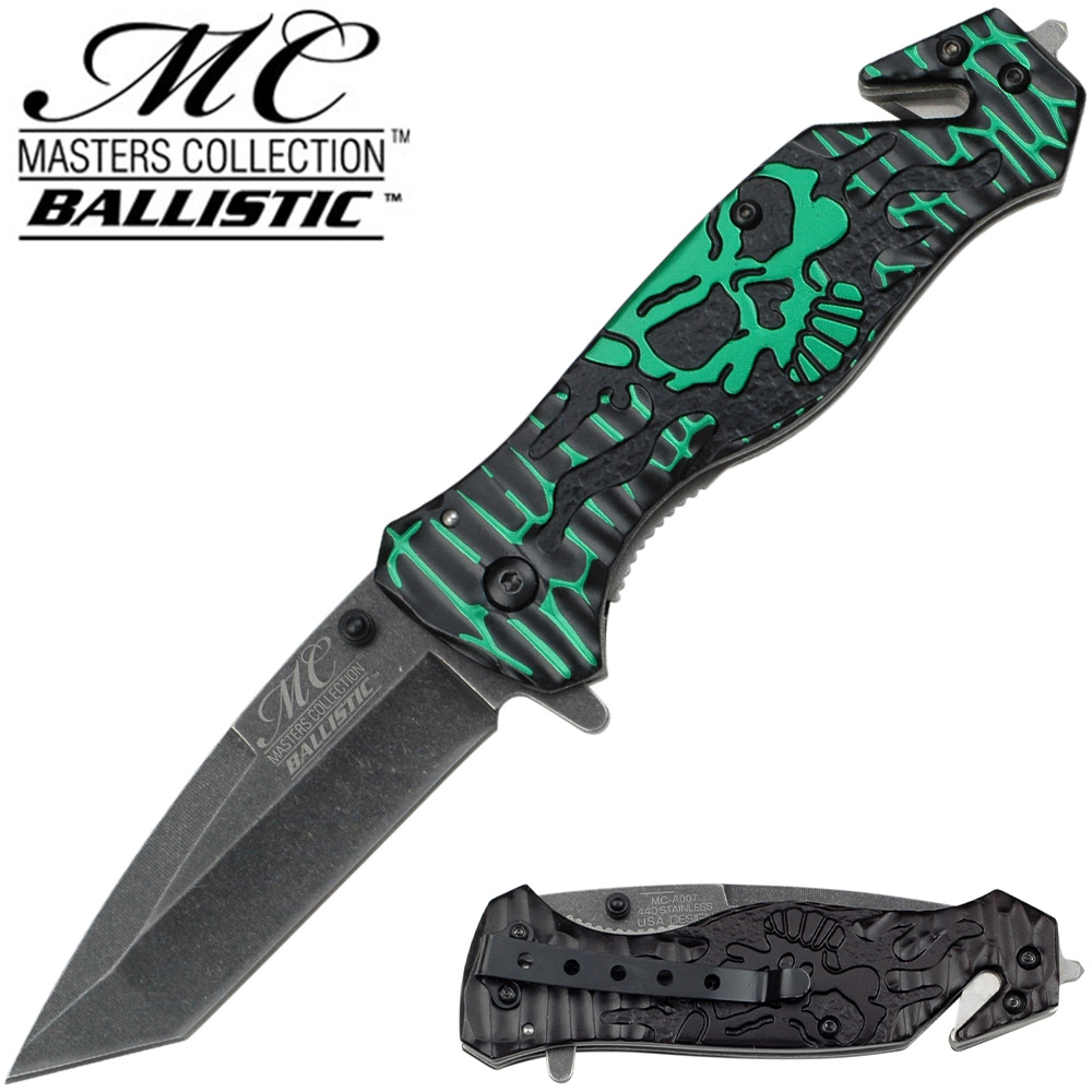 Masters Collection TACTICAL Knife Green Black Skull Tanto GLASS Breaker Rescue