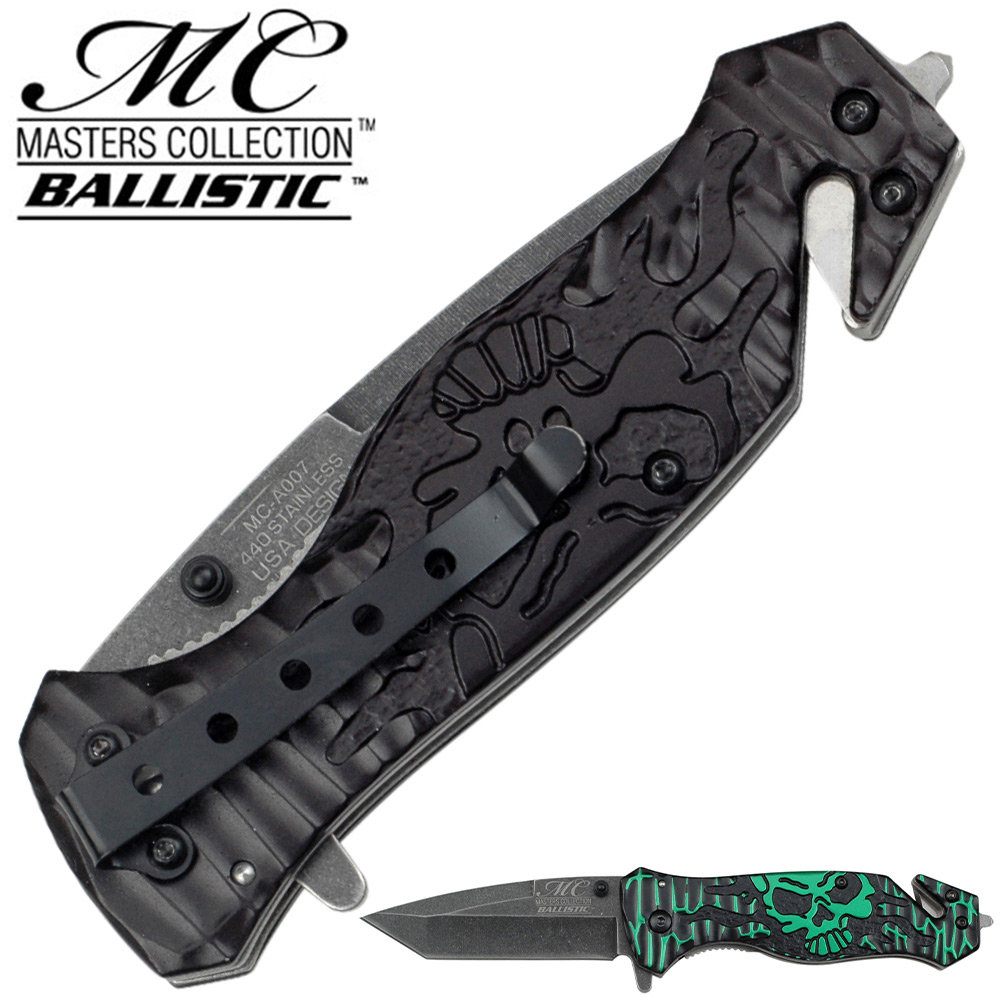 Masters Collection TACTICAL Knife Green Black Skull Tanto GLASS Breaker Rescue