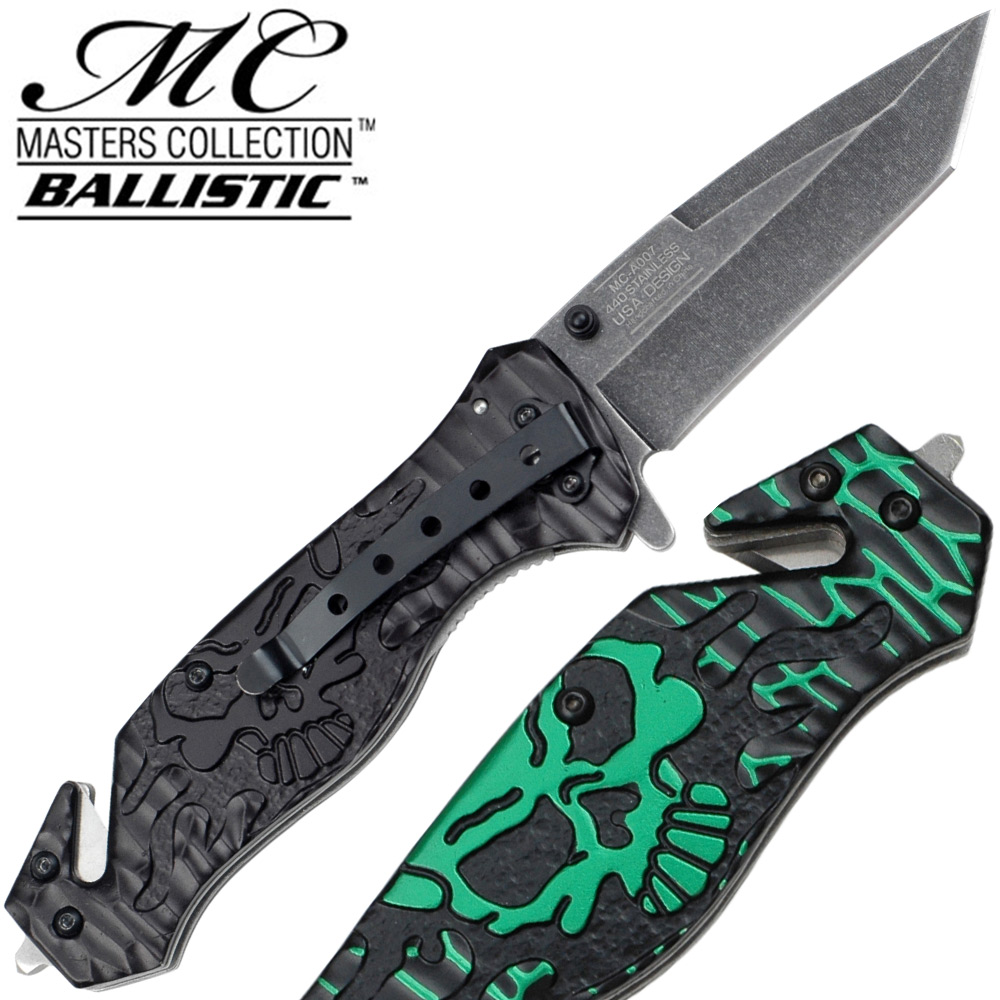 Masters Collection TACTICAL Knife Green Black Skull Tanto GLASS Breaker Rescue