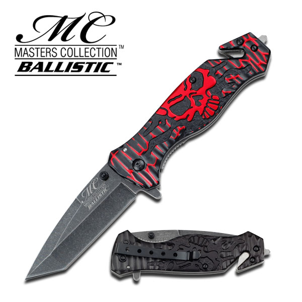 Masters Collection TACTICAL Knife Red/Black Skull Tanto AssistOpen GLASS Breaker