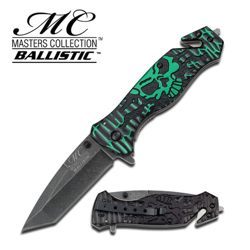 Masters Collection TACTICAL Knife Green Black Skull Tanto GLASS Breaker Rescue