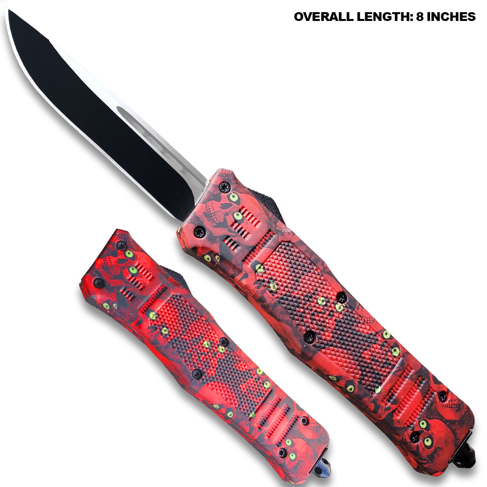 8" Overall Drop Point Edged Red Zombie OTF Knife Green Eye