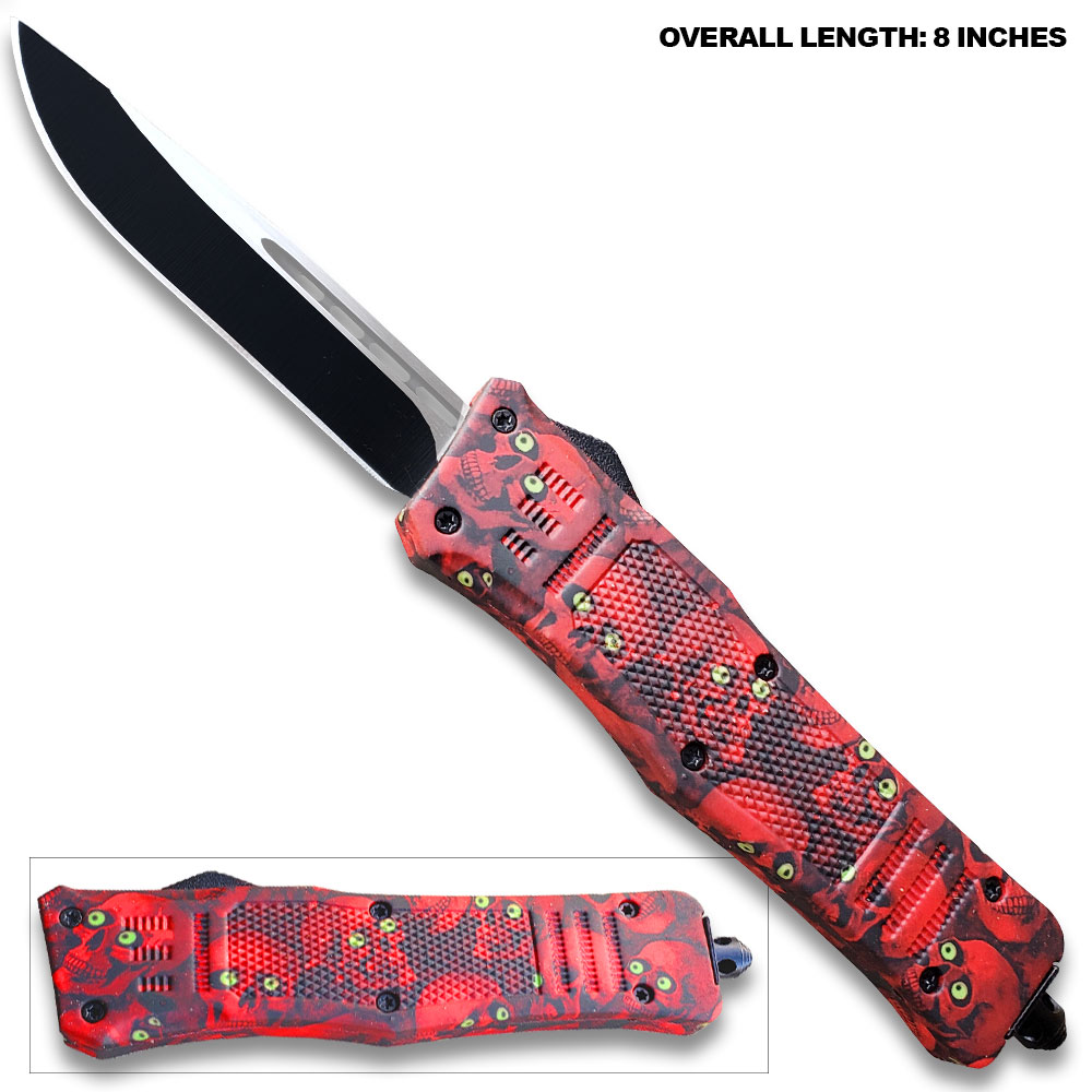 8" Overall Drop Point Edged Red Zombie OTF Knife Green Eye