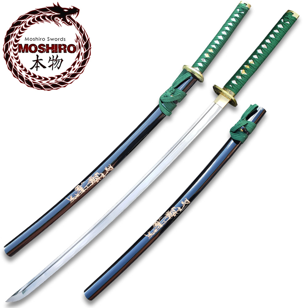 MOSHIRO 1045 Steel Handmade Katana With Bamboo Engraved on Black Scabbard