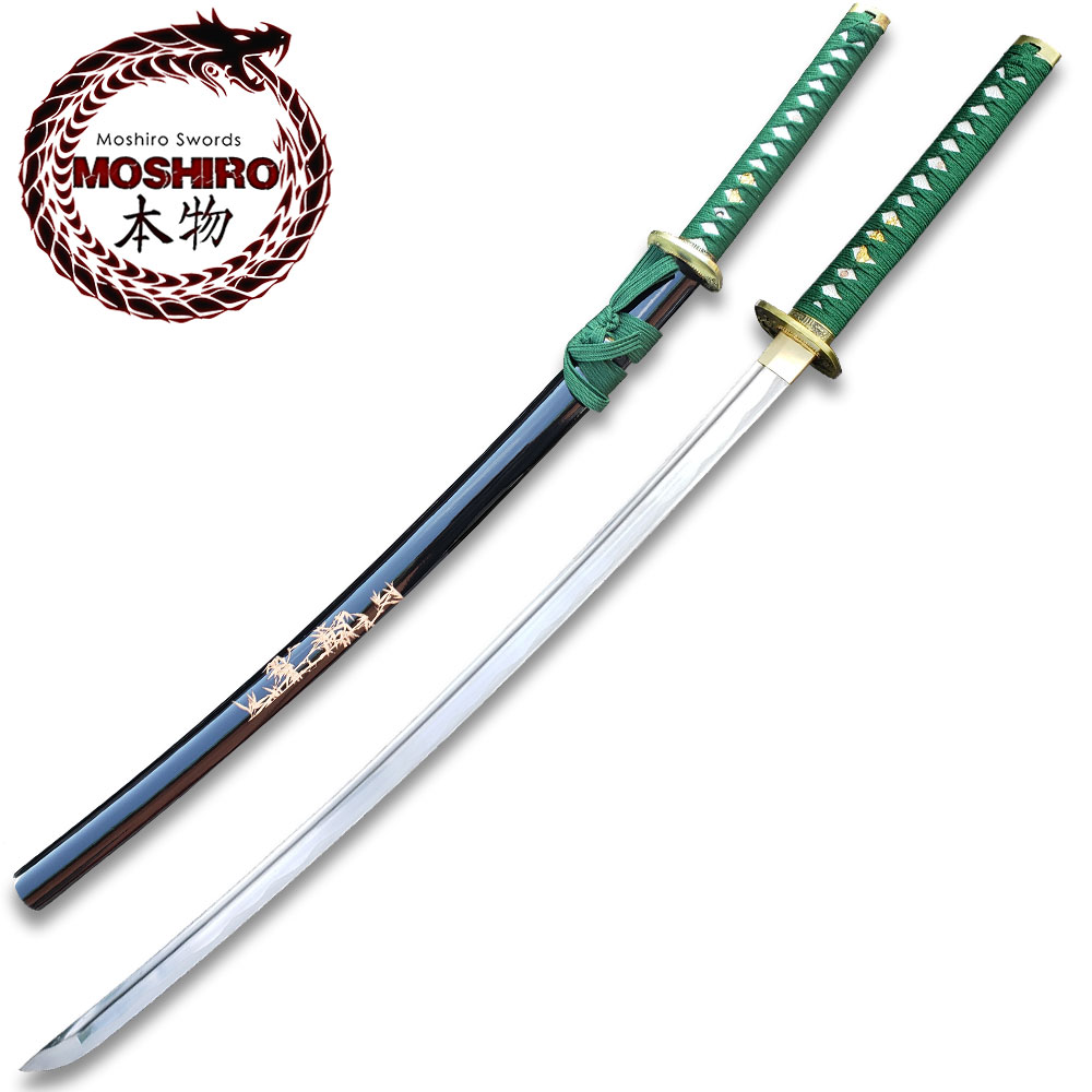 MOSHIRO 1045 Steel Handmade Katana With Bamboo Engraved on Black Scabbard