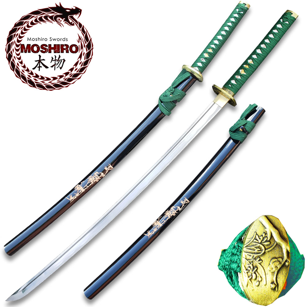 MOSHIRO 1045 Steel Handmade Katana With Bamboo Engraved on Black Scabbard