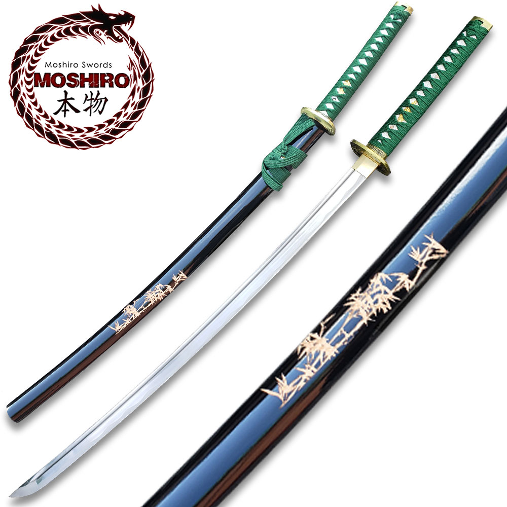 MOSHIRO 1045 Steel Handmade Katana With Bamboo Engraved on Black Scabbard