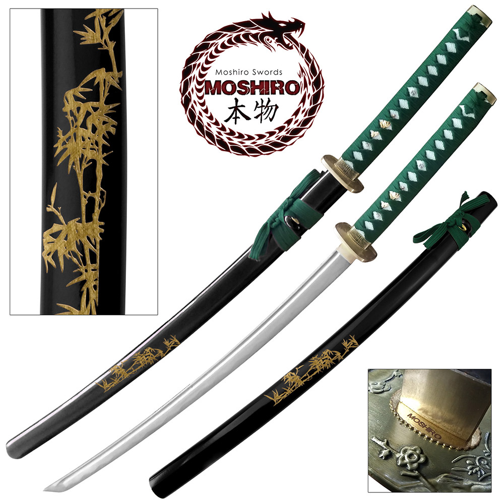 MOSHIRO 1045 Steel Handmade Katana With Bamboo Engraved on Black Scabbard