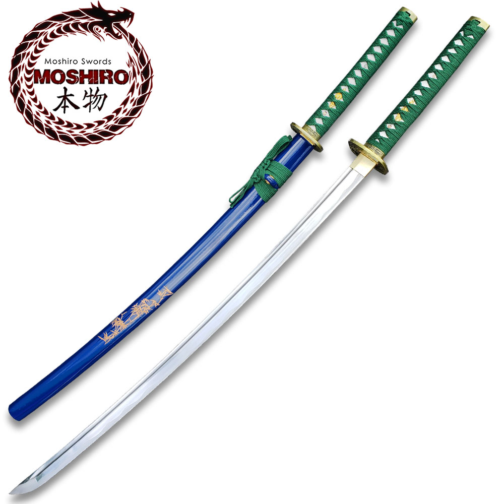 MOSHIRO 1045 Steel Handmade Katana With Bamboo Engraved on Blue Scabbard